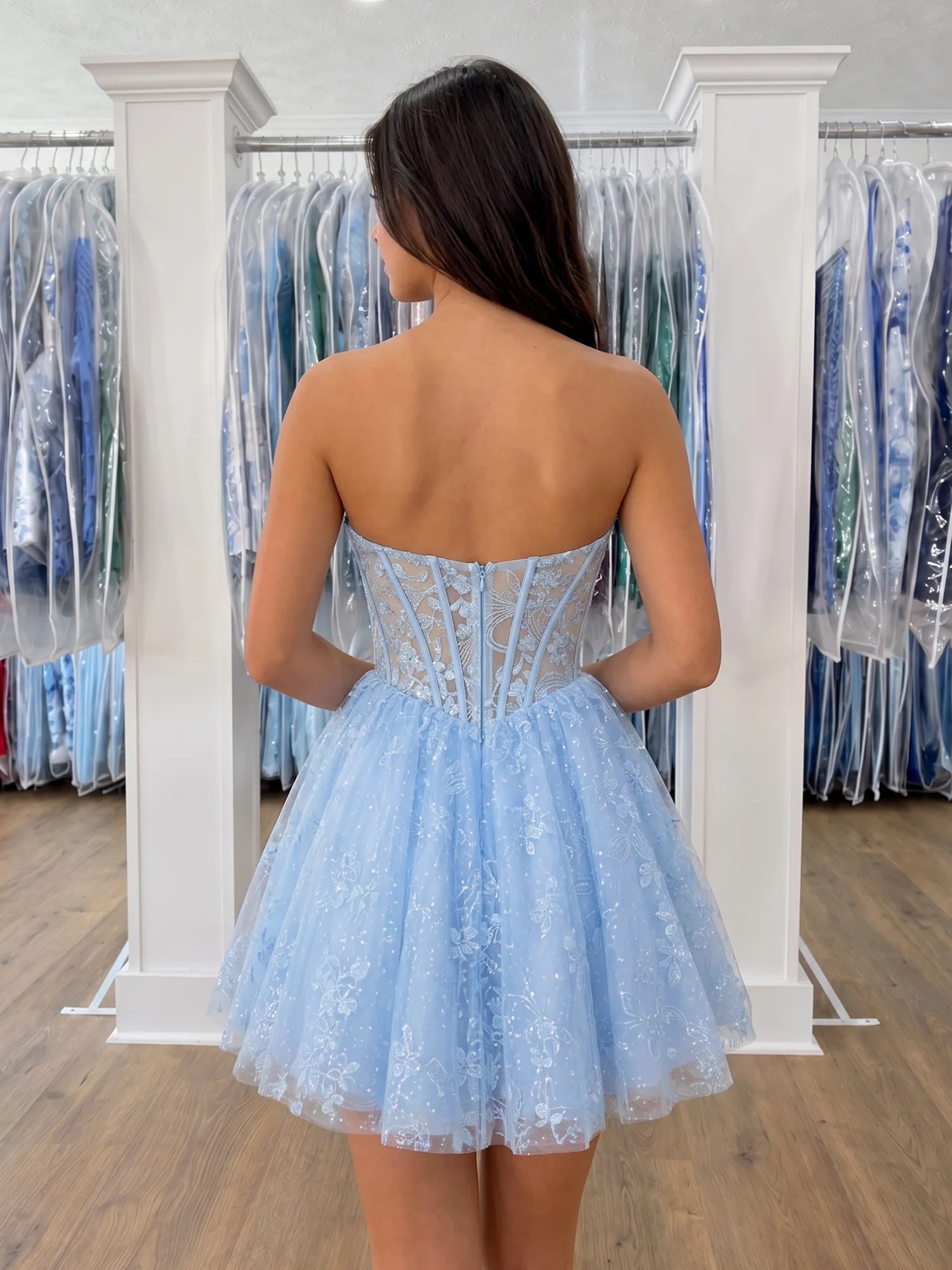 Strapless Sweetheart Sheer Lace Corset Tulle Mini Homecoming Dress