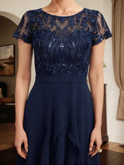 A-line Scoop Illusion Asymmetrical Chiffon Lace Mother of the Bride Dress With Bow Ruffle Sequins