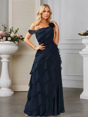 A-line One Shoulder Floor-Length Chiffon Evening Dress With Cascading Ruffles Flower