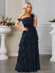 A-line One Shoulder Floor-Length Chiffon Evening Dress With Cascading Ruffles Flower