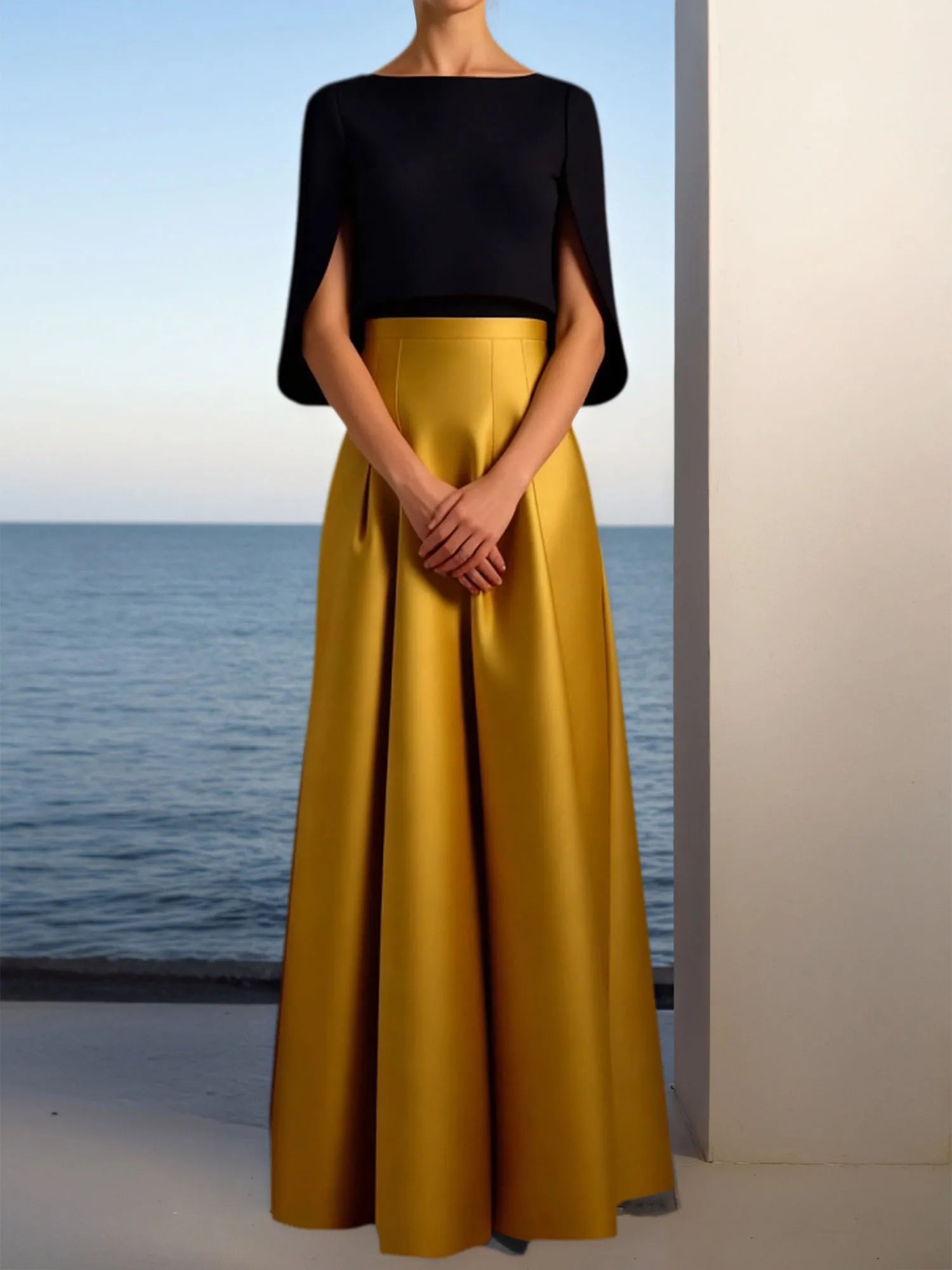 Evening Formal Dress Golden A-Line Crew Neck Satin Maxi Dress