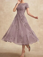 A-line Scoop Tea-Length Tulle Lace Mother of the Bride Dress