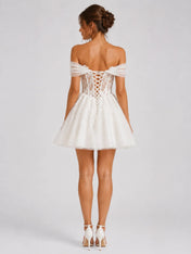 Elegant Off-Shoulder Lace Mini Wedding Dress with Floral Appliqués, Lace-Up Back and Tulle Skirt