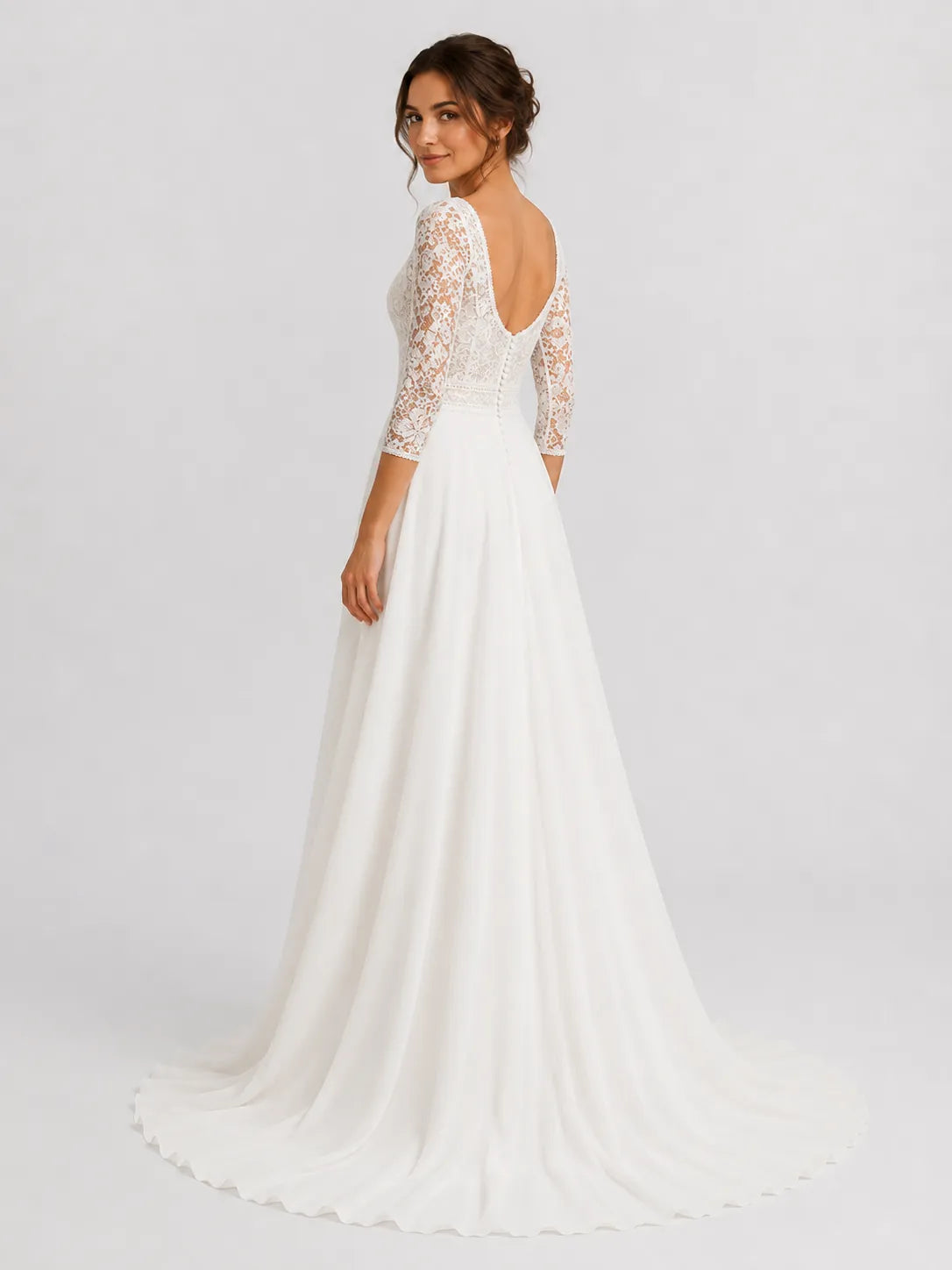 Elegant Square-Neck Lace A-Line Wedding Dress with 3/4 Sleeves and Low Scoop Back
