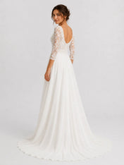 Elegant Square-Neck Lace A-Line Wedding Dress with 3/4 Sleeves and Low Scoop Back