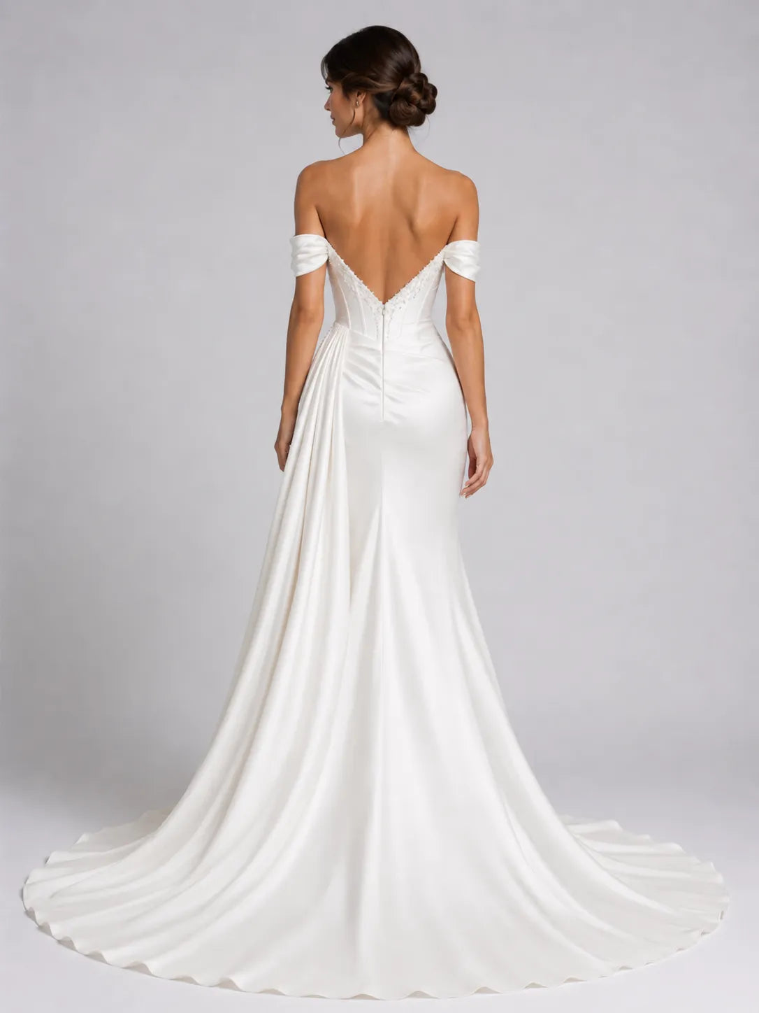 Elegant Off-Shoulder Satin Wedding Dress with Sweetheart Neckline, Side Slit and Chapel Train