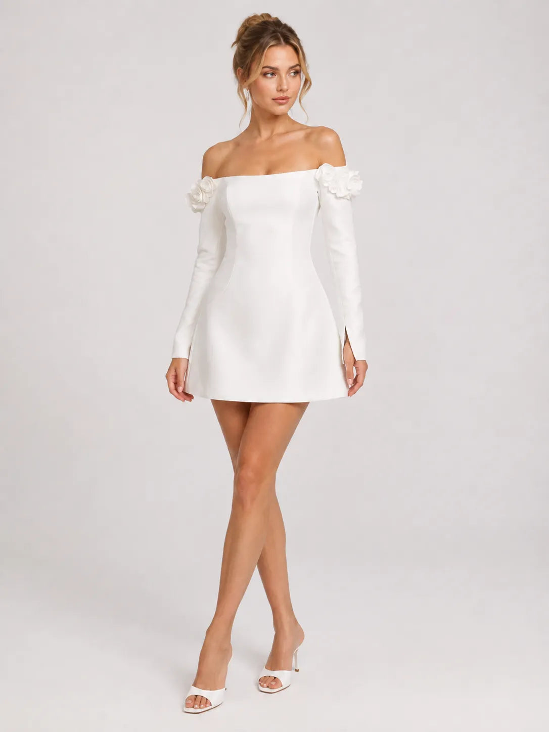 Off-the-Shoulder 3D Floral Long Sleeve A-Line Mini Wedding Dress