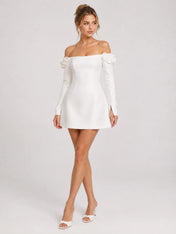 Off-the-Shoulder 3D Floral Long Sleeve A-Line Mini Wedding Dress