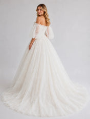 Romantic Off-the-Shoulder Puff Sleeve Glitter Tulle Ball Gown Wedding Dress with Floral Appliqué and Chapel Train