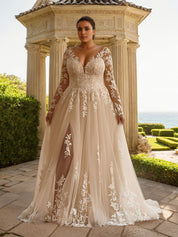 Long Sleeves Applique Wedding Dress V Neck White Bridal Gown Plus Size