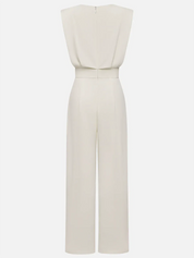 Women Off White Crew Neck Sleeveless Dressy Jumpsuit