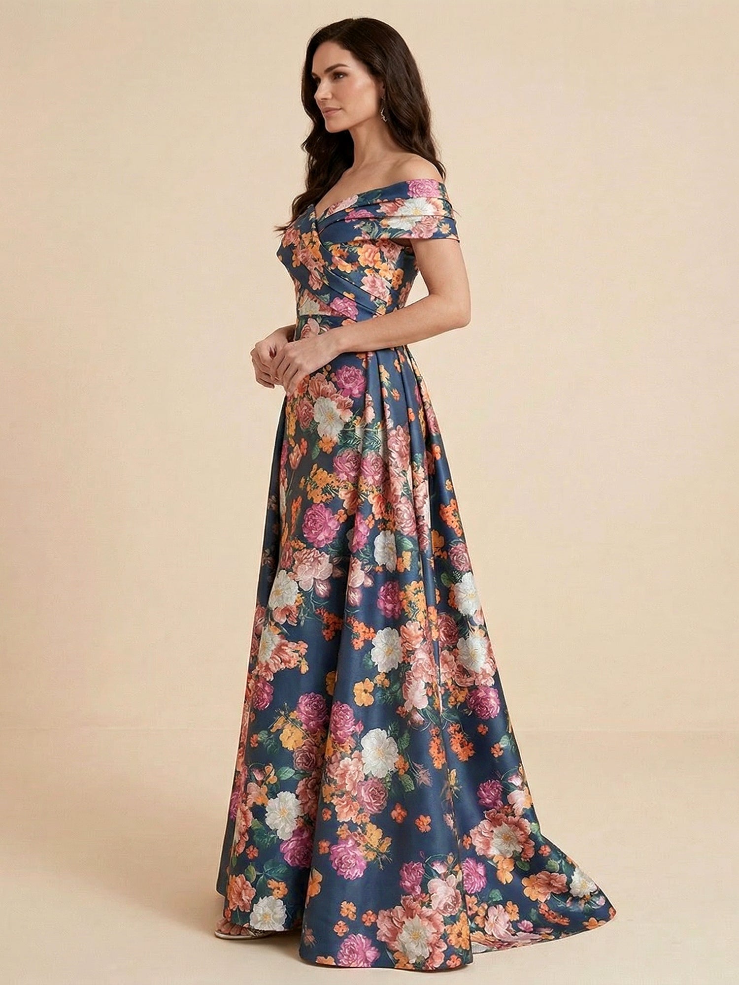 Off the Shoulder Print Floral Satin Mother of the Brides dress with Slit