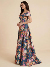 Off the Shoulder Print Floral Satin Mother of the Brides dress with Slit