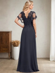 A-line V-Neck Floor-Length Lace Chiffon Mother of the Bride Dress With Sequins