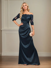 Sheath/Column Off the Shoulder Floor-Length Lace Stretch Satin Evening Dress With Pleated
