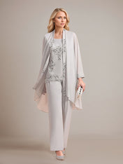 Elegant Sleeveless Appliques Silver Chiffon Mother of Bride Jumpsuit with Wrap