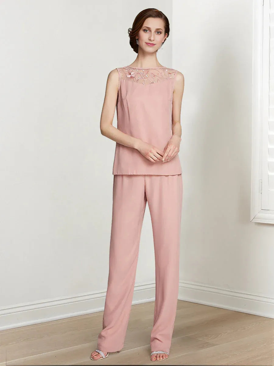Tailleur-pantalon en mousseline à manches longues pour mère de la mariée avec veste 