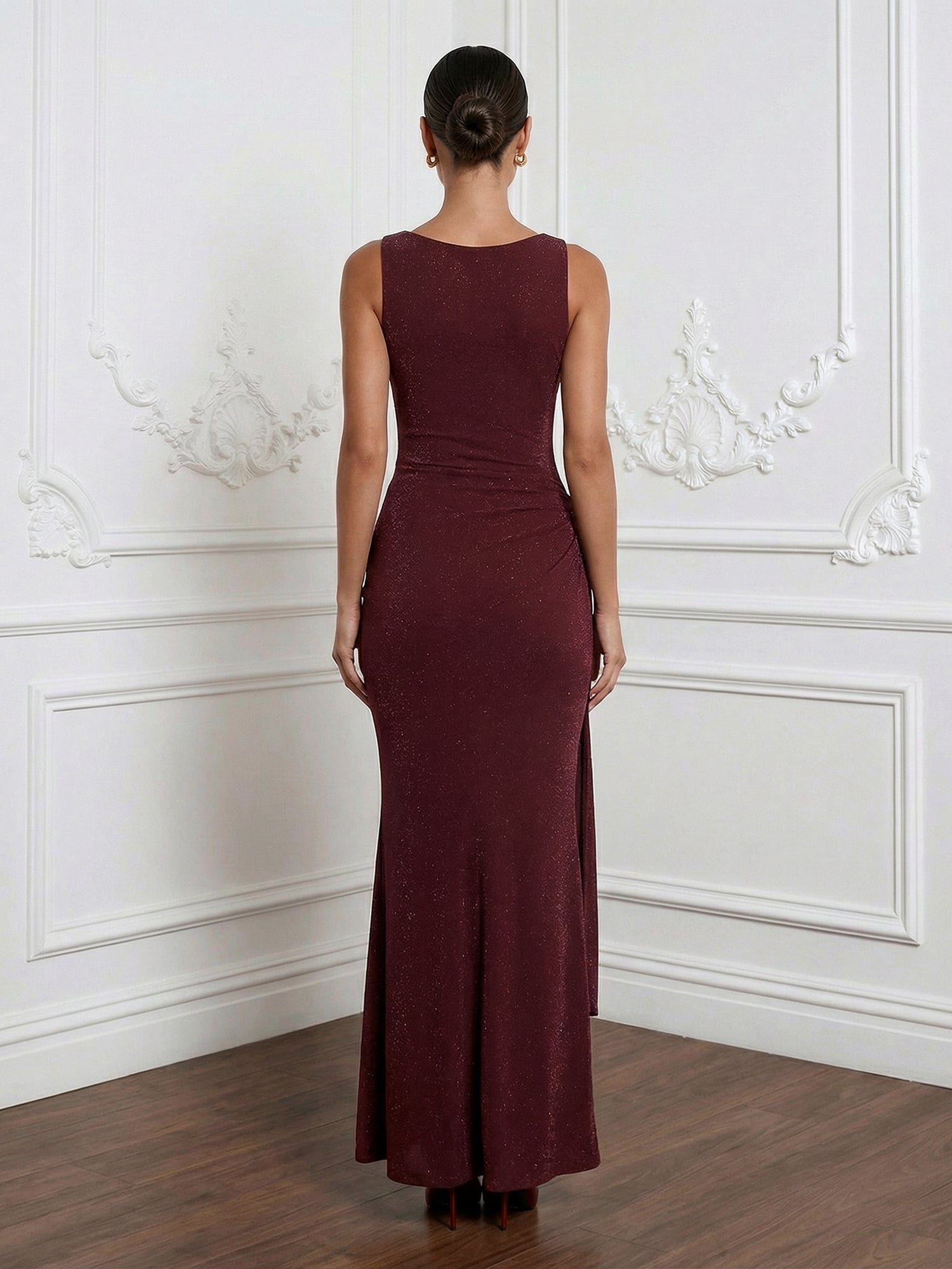 Burgundy Scoop Neck Mermaid Chiffon Maxi Dress with Ruffle