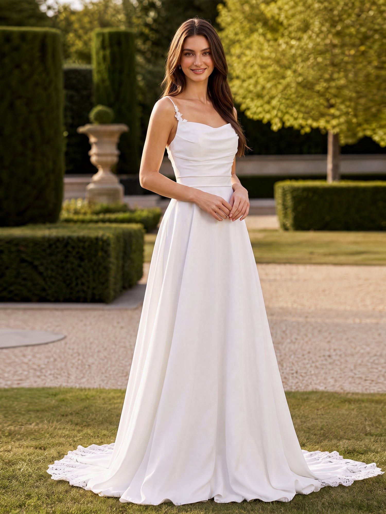 Elegant Cowl Neck Satin A-Line Wedding Dress with Spaghetti Straps and Sweep Train