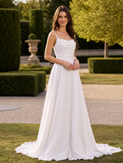 Elegant Cowl Neck Satin A-Line Wedding Dress with Spaghetti Straps and Sweep Train