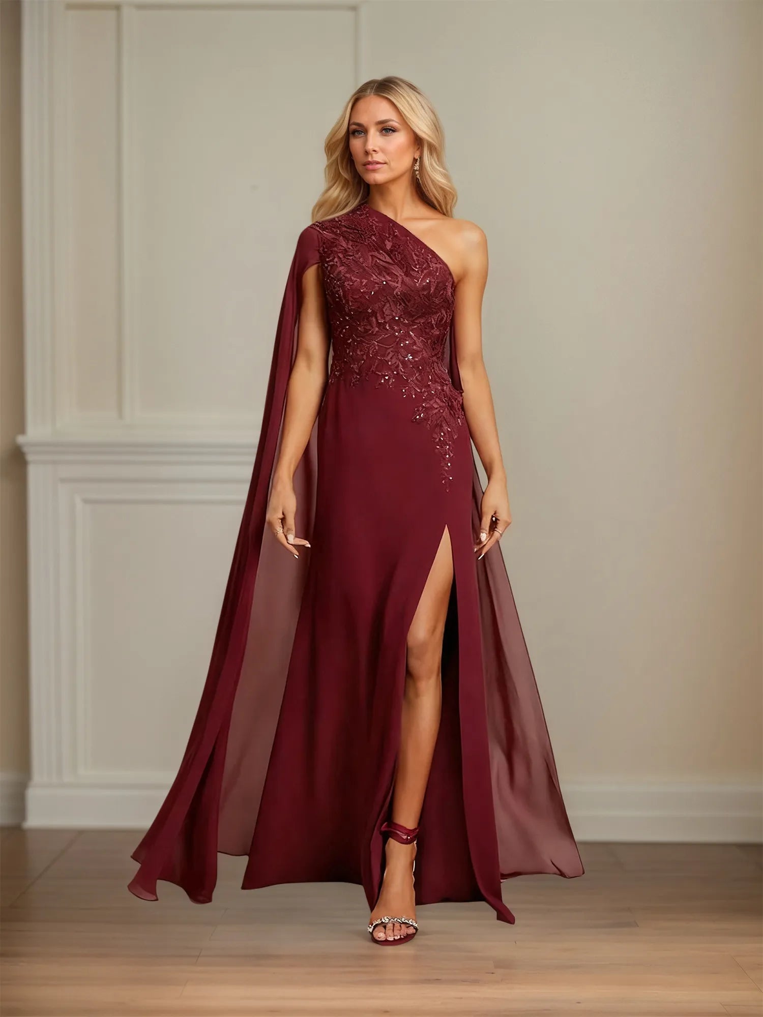 Sheath/Column One Shoulder Floor-Length Chiffon Mother of the Bride Dress With Appliques