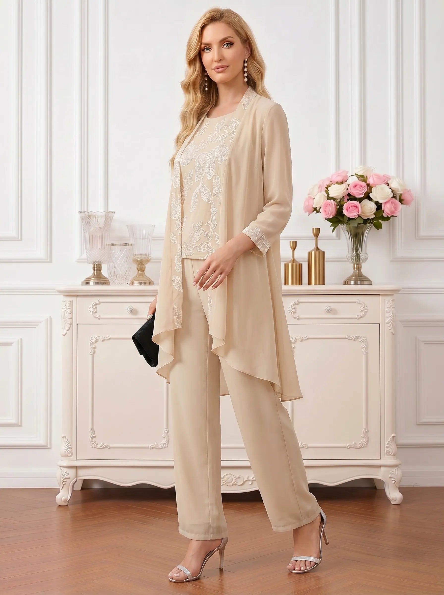 Sequin Patterned Round Neck Sleeveless Straight-Leg  Mother of the Bride Pant Set