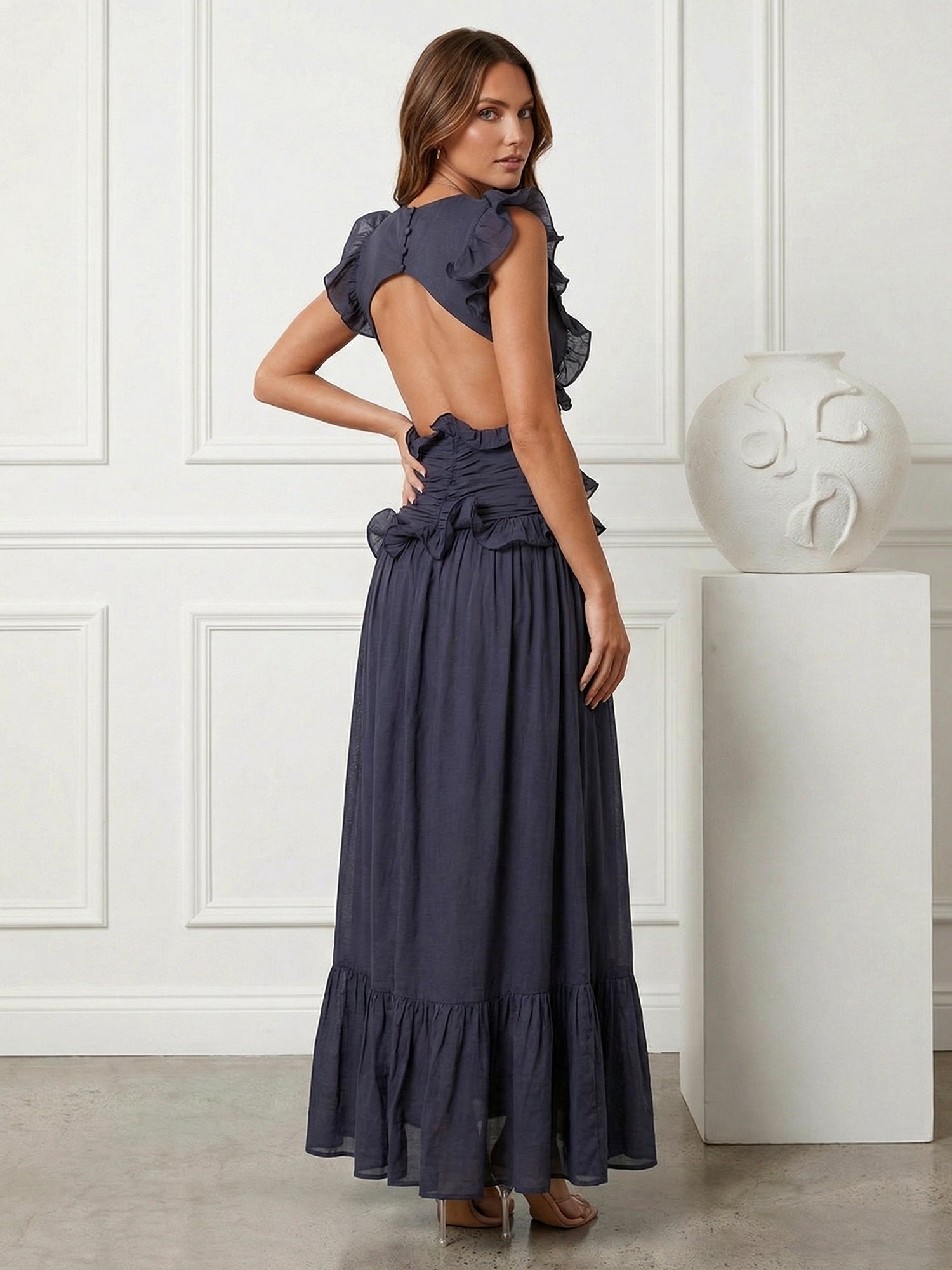 Black V Neck Chiffon A Line Tea Length Maxi Dress with Ruffle