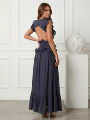 Black V Neck Chiffon A Line Tea Length Maxi Dress with Ruffle
