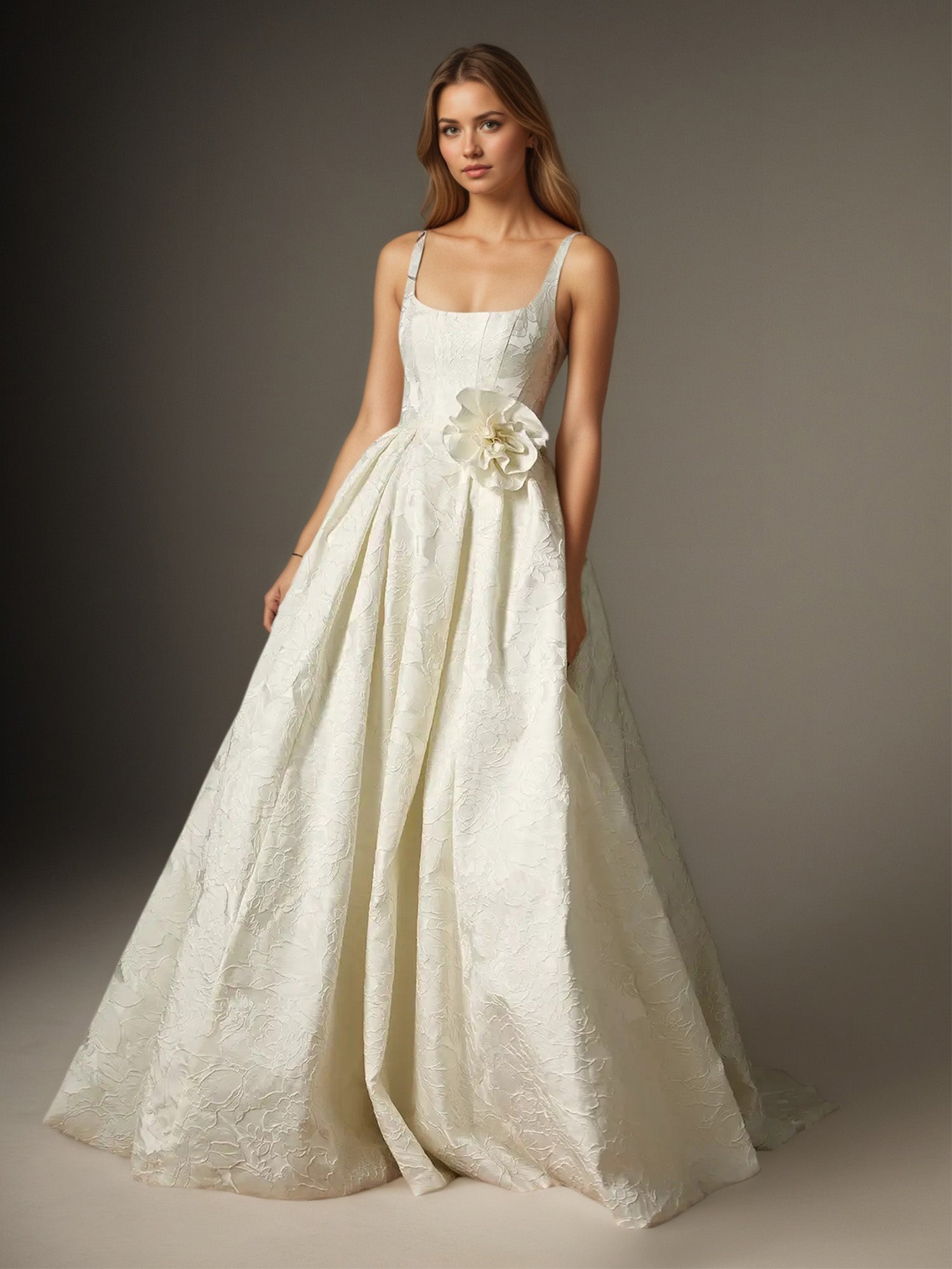 White Ball-Gown with Pockets Floral Jacquard Wedding Dress
