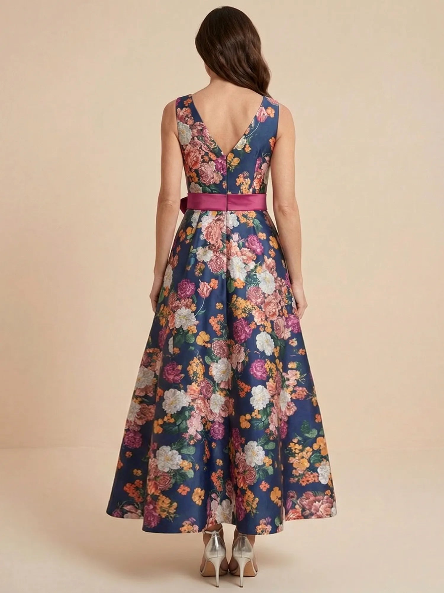 Print Flower Satin V Neck Ankle Length Mother of the Bride Dresses with Bow