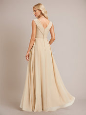 Champagne A Line Chiffon V Neck Floor Length Bridesmaid Dress With Slit