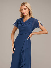 Navy Blue A-Line V Neck Floor-Length Chiffon Bridesmaid Dress With Cascading Ruffles