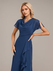 Navy Blue A-Line V Neck Floor-Length Chiffon Bridesmaid Dress With Cascading Ruffles