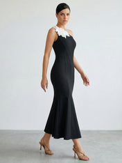 Black One-Shoulder 3D Floral Appliqué Mermaid Midi Dress