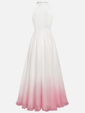 Pink Chiffon Halter Ombre Pearl Cut Out Sleeveless A-Line Mock Neck Maxi Dress