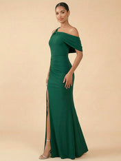 Emerald Green Cold Shoulder Slit Evening Gown with Ruched