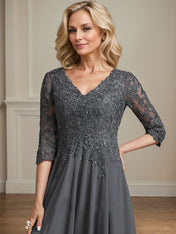 A-line V-Neck Tea-Length Chiffon Lace Mother of the Bride Dress With Beading Sequins