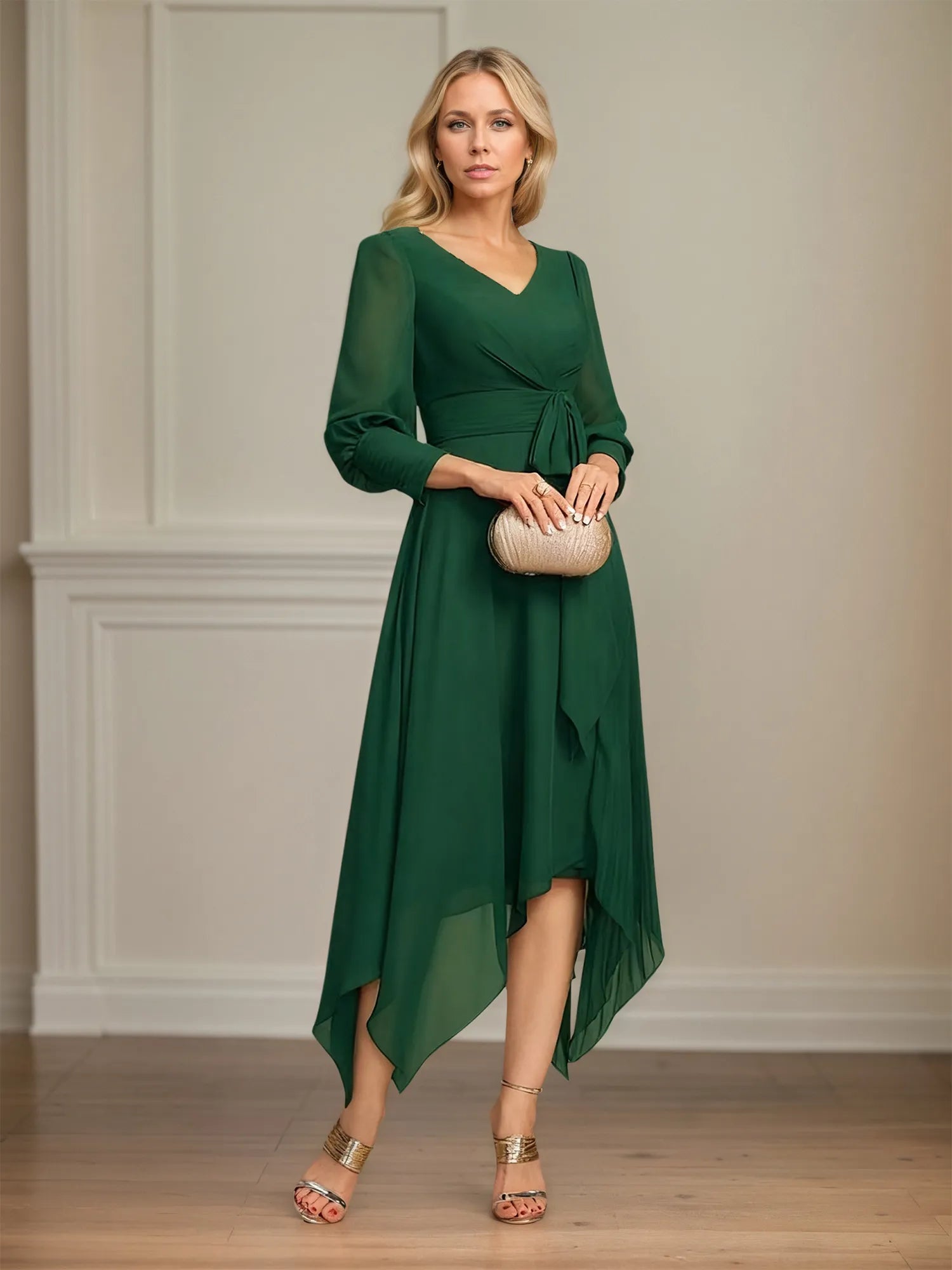 A-line V-Neck Asymmetrical Chiffon Mother of the Bride Dress With Bow Pleated
