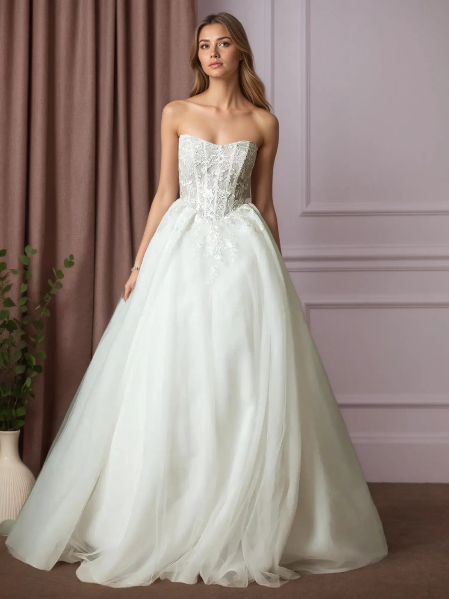 White Ball-Gown Strapless Pleated Lace Wedding Dress