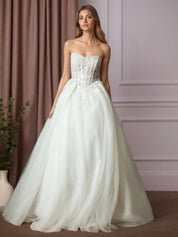 White Ball-Gown Strapless Pleated Lace Wedding Dress