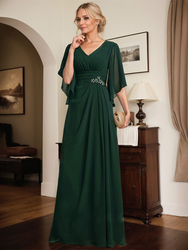 Robe de mère de la mariée fourreau/colonne, col en V, longueur au sol, en mousseline, avec paillettes plissées et perles 