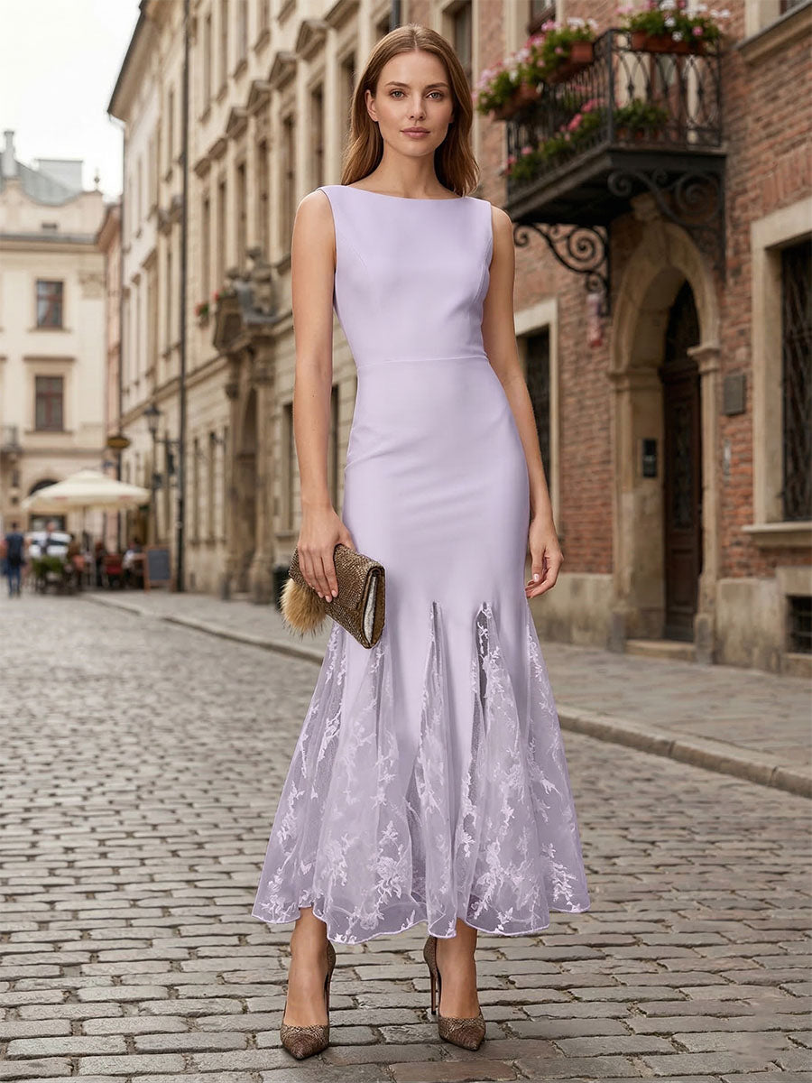 Lace Boat Neck Sleeveless Mermaid Maxi Dress Gown