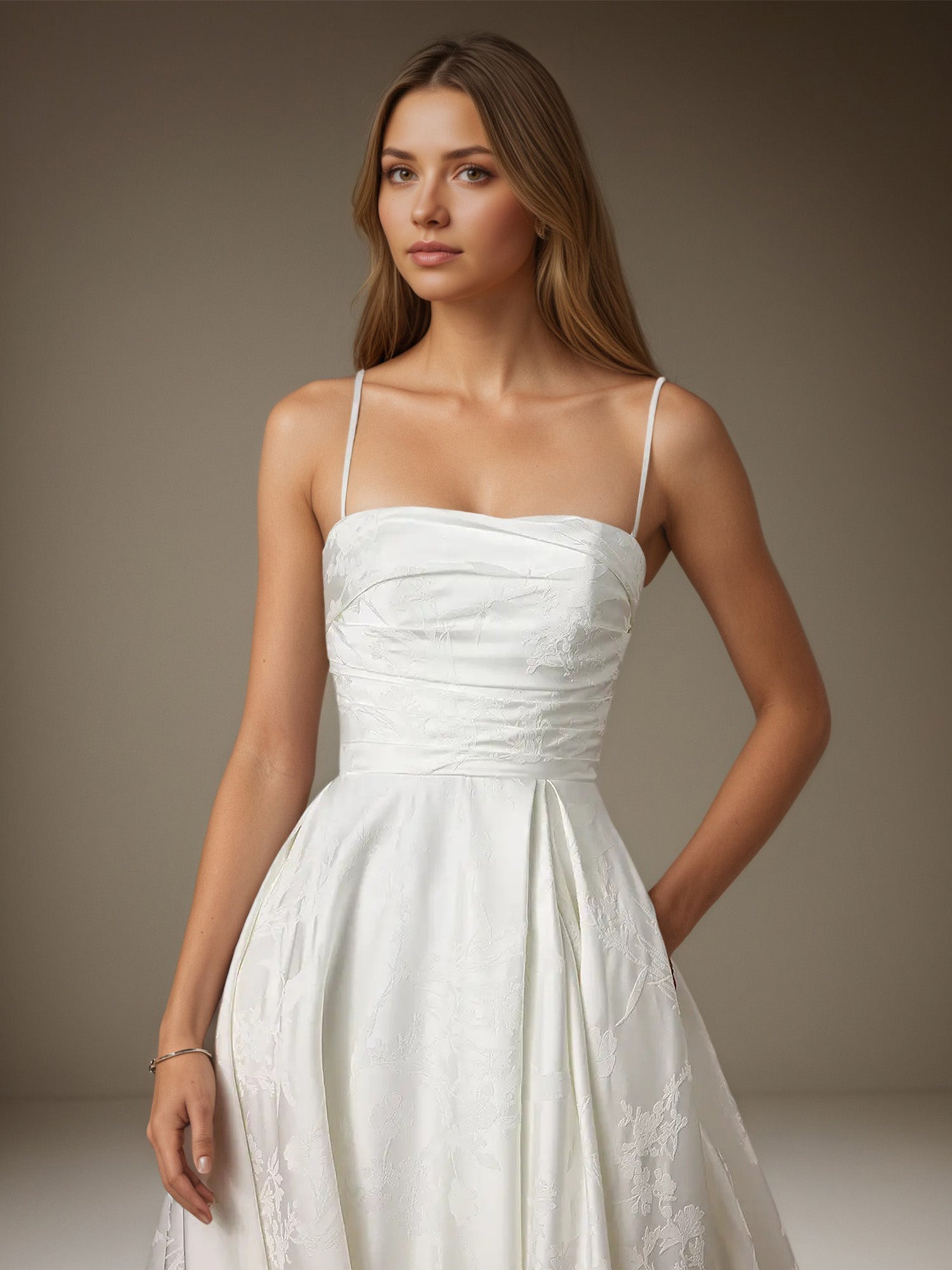 White A-Line Strapless Floral Jacquard Wedding Dress
