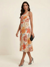 Elegant One-Shoulder Floral Print Ruched Tea-Length Evening Dresses
