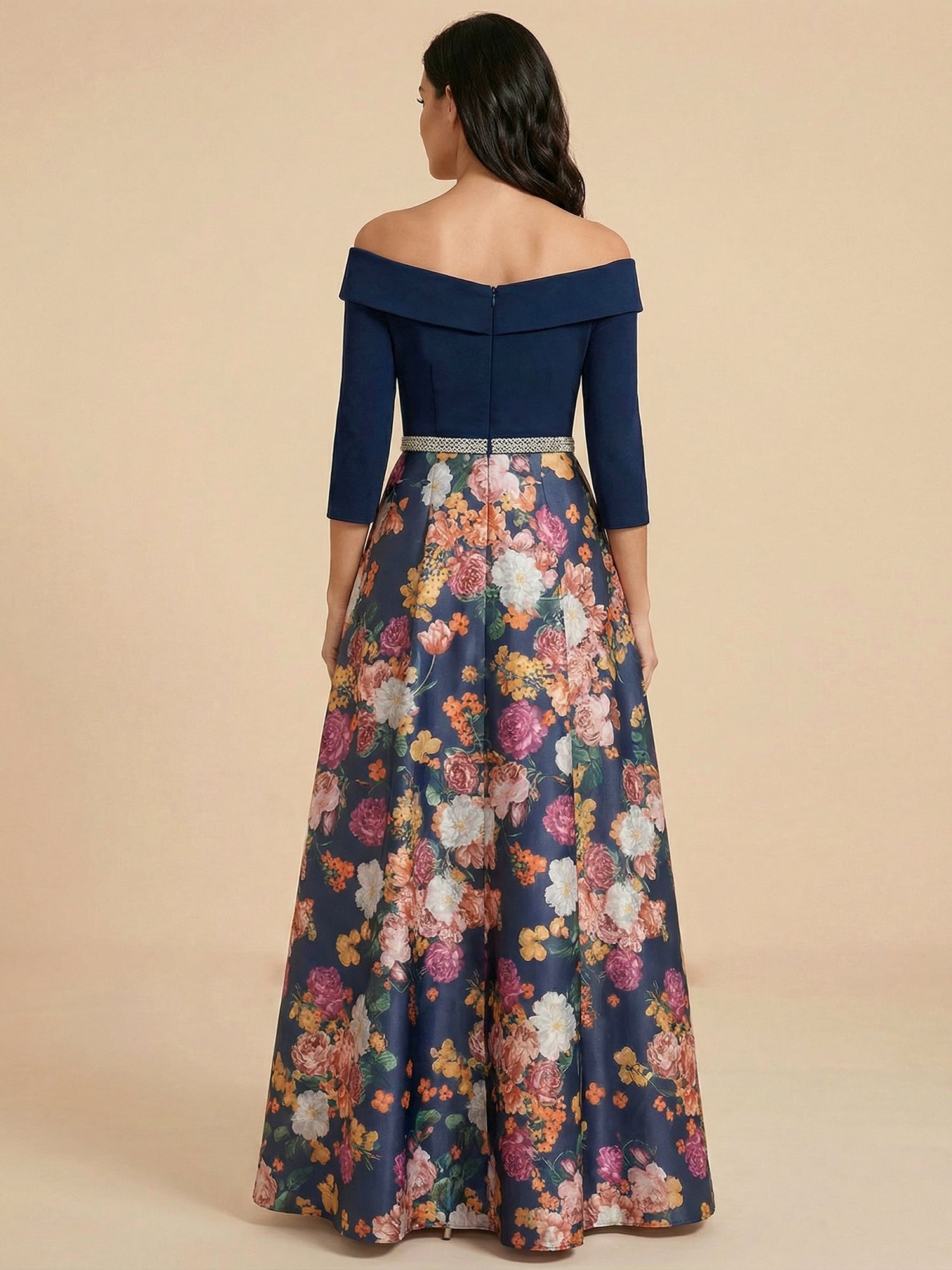 Navy Blue Off the Shoulder 3/4 Sleeves Satin Two-piece Print Floral Mother of the Brides dress