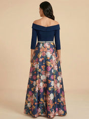 Navy Blue Off the Shoulder 3/4 Sleeves Satin Two-piece Print Floral Mother of the Brides dress