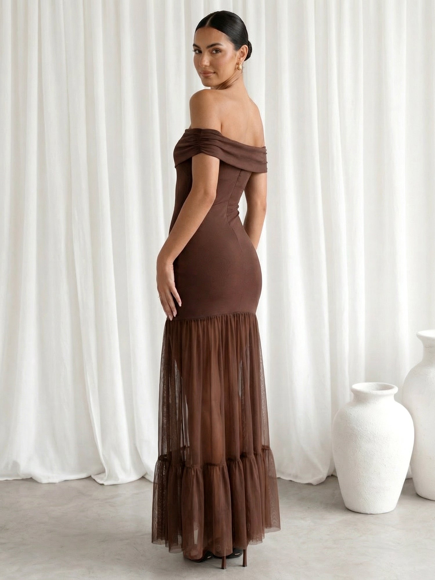 Brown Off the Shoulder Mermaid Maxi Dress with Ruffle