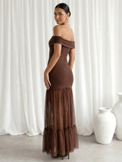 Brown Off the Shoulder Mermaid Maxi Dress with Ruffle