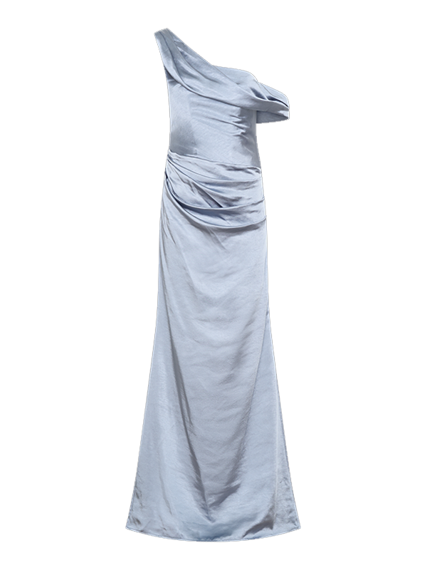 Formal Party Satin Dress Blue One-Shoulder Pleated Asymmetrical neckline Floor Lenght Dress