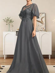 A-line Scoop Illusion Floor-Length Lace Chiffon Mother of the Bride Dress With Sequins